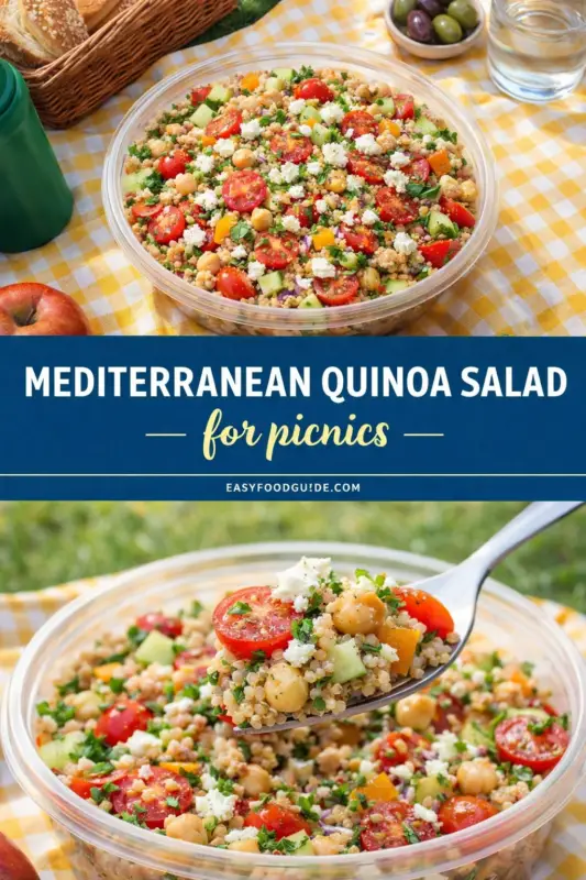 A vibrant Mediterranean quinoa salad in a bowl on a checkered cloth, featuring cherry tomatoes, chickpeas, and feta. Perfect for a cheerful picnic.