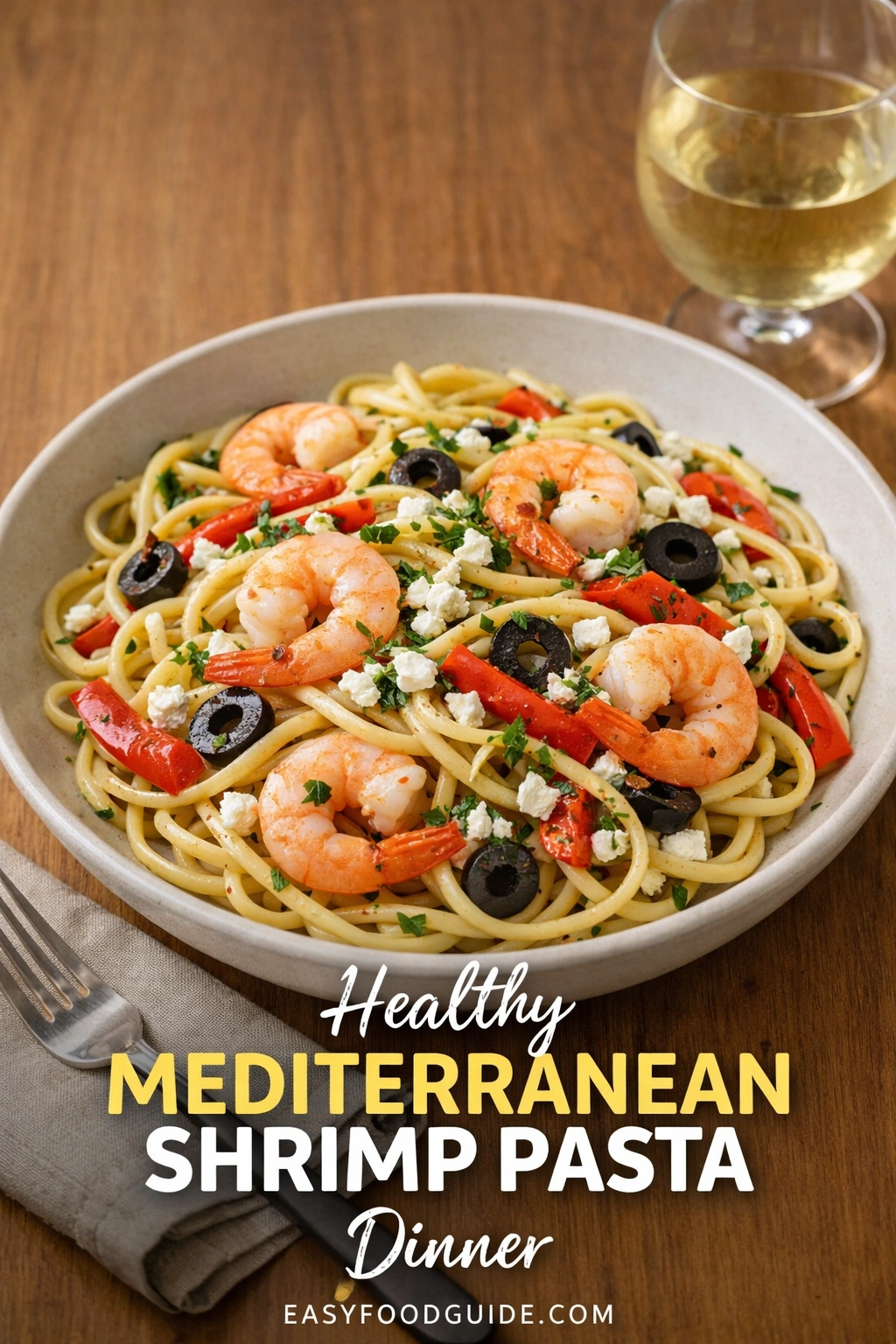A bowl of Mediterranean shrimp pasta with black olives, red peppers, and feta on a wooden table, next to a glass of white wine, conveying a fresh and vibrant dining experience.