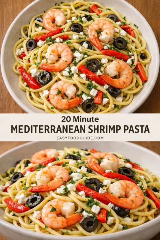 Bowl of Mediterranean shrimp pasta with olives, red pepper, and feta on spaghetti. Vibrant and fresh, conveying an appetizing, quick meal idea.