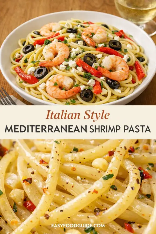 Plate of Mediterranean shrimp pasta with olives, red peppers, and feta on a wooden table. Text reads "Italian Style Mediterranean Shrimp Pasta."