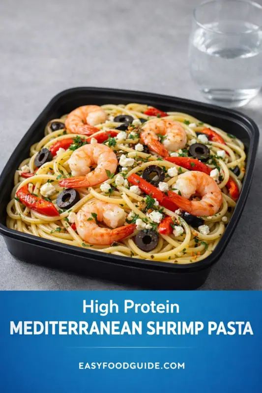 A black bowl contains Mediterranean shrimp pasta with spaghetti, shrimp, olives, red peppers, and herbs. A glass of water is beside it, evoking a fresh and appetizing feel.