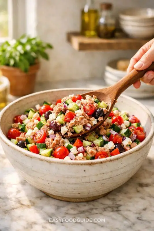 A hand holds a wooden spoon over a ceramic bowl of colorful salad with cherry tomatoes, cucumbers, olives, feta, and tuna on a sunlit kitchen counter.