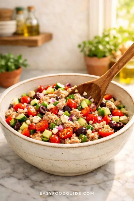 A vibrant salad featuring cucumbers, cherry tomatoes, black olives, red onion, and crumbled feta with tuna in a ceramic bowl, garnished with a wooden spoon, set on a marble counter.