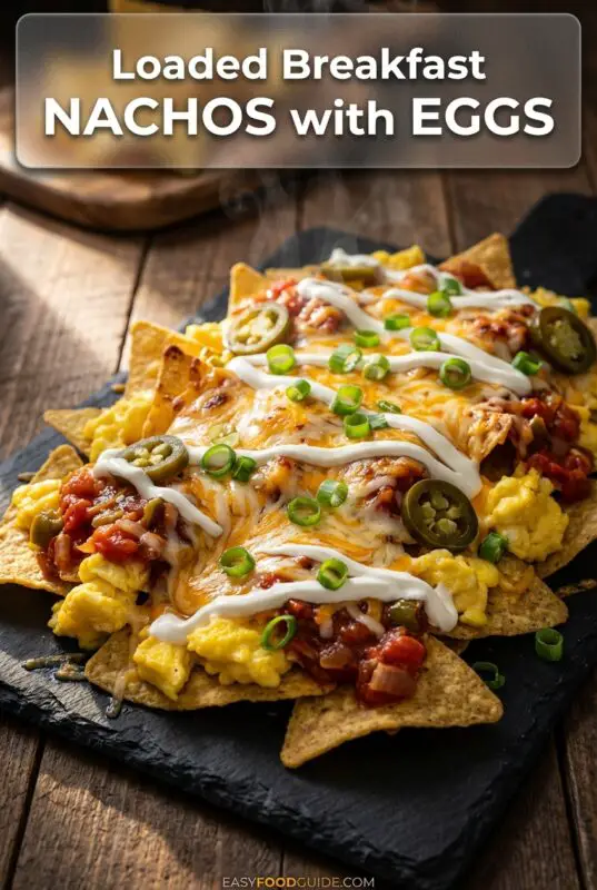 Loaded Breakfast Nachos with scrambled eggs, cheese, salsa, and sour cream on a colorful plate.