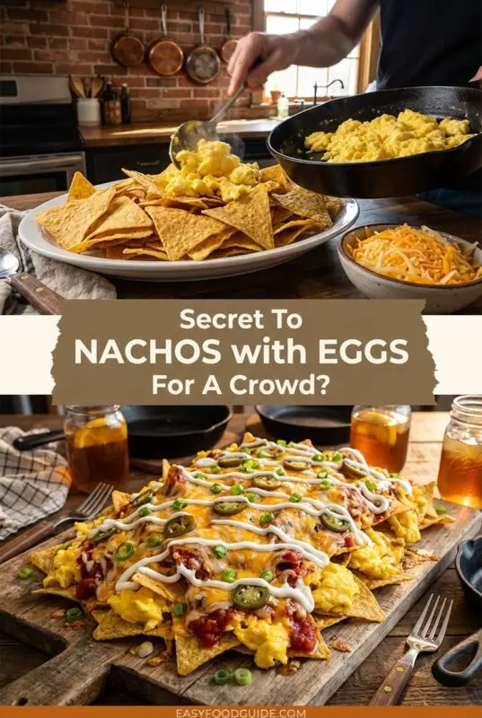 Split image demonstrating a breakfast nachos recipe; top shows adding scrambled eggs to chips, bottom shows the finished dish with cheese, salsa, and toppings on a wooden board.