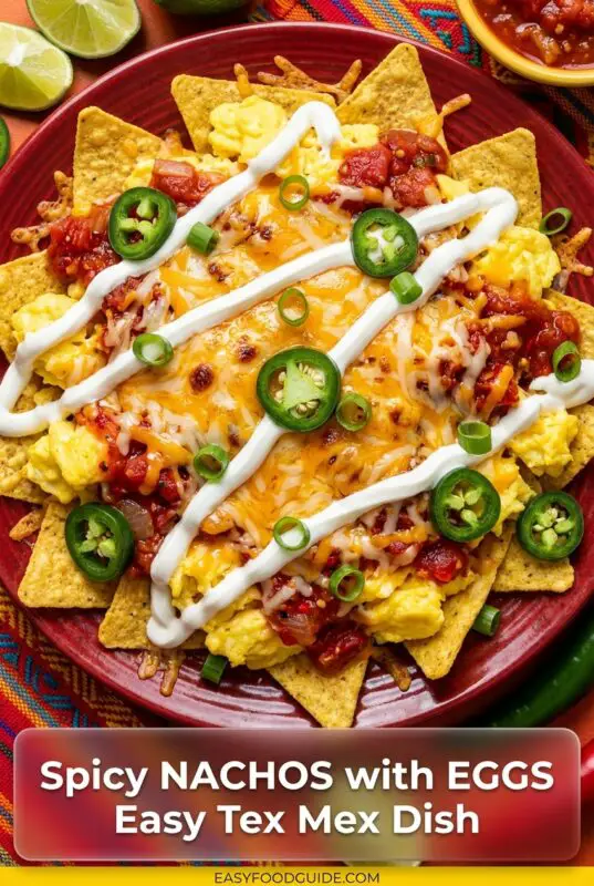 Close-up overhead shot of spicy breakfast nachos with scrambled eggs on a red plate, topped with melted cheese, chunky salsa, sliced jalapeños, sour cream drizzle, and green onions, with text reading 'Spicy NACHOS with EGGS Easy Tex Mex Dish' at the bottom.