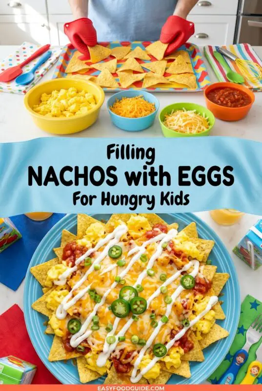 Two-part image showing kid-friendly breakfast nachos with eggs. Top: person wearing red oven mitts arranging tortilla chips on a colorful tray surrounded by bowls of scrambled eggs, shredded cheese, and salsa. Bottom: blue plate piled with nachos topped with scrambled eggs, melted cheese, salsa, jalapeño slices, sour cream drizzle, and green onions, with text reading 'Filling NACHOS with EGGS For Hungry Kids' across the center.