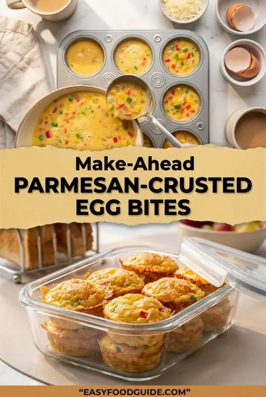 parmesan-crusted-egg-bites-2-used A counter displays a muffin tray with colorful egg bites, surrounded by cooking ingredients. Below, a glass container holds baked Parmesan-crusted egg bites.
