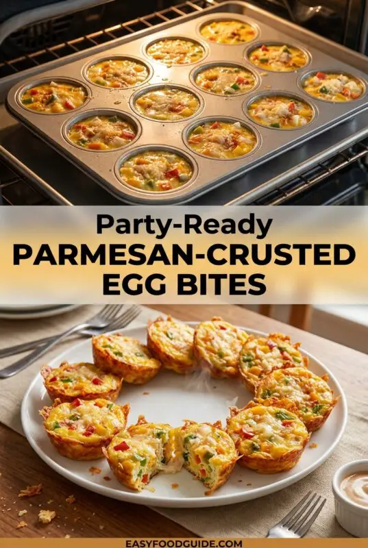 parmesan-crusted-egg-bites-6-used Egg bites with vegetables and Parmesan crust in a muffin pan inside an oven. Serving suggestion shows a plate of egg bites cut in half, ready to eat.