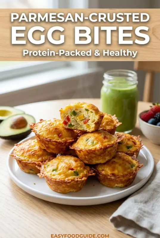 parmesan-crusted-egg-bites-6a A plate of parmesan-crusted egg bites stacked on a table. One is cut open, revealing vegetables. Avocado, green smoothie, and mixed berries nearby. Cozy morning vibe.