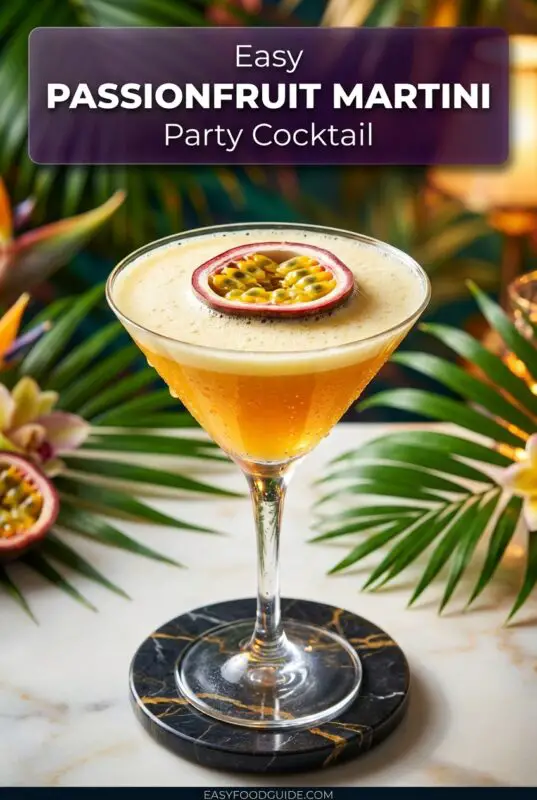 A colorful Passionfruit Martini in a martini glass, garnished with passion fruit and mint.