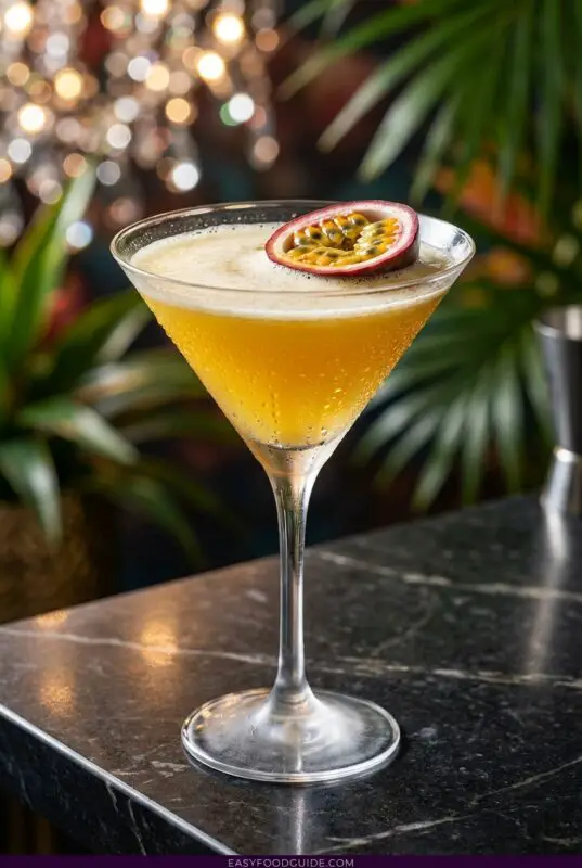 passionfruit-martini-4a A cocktail glass filled with a frothy yellow drink, garnished with a halved passion fruit, sits on a dark marble table. Blurred plants and lights create an elegant ambiance.