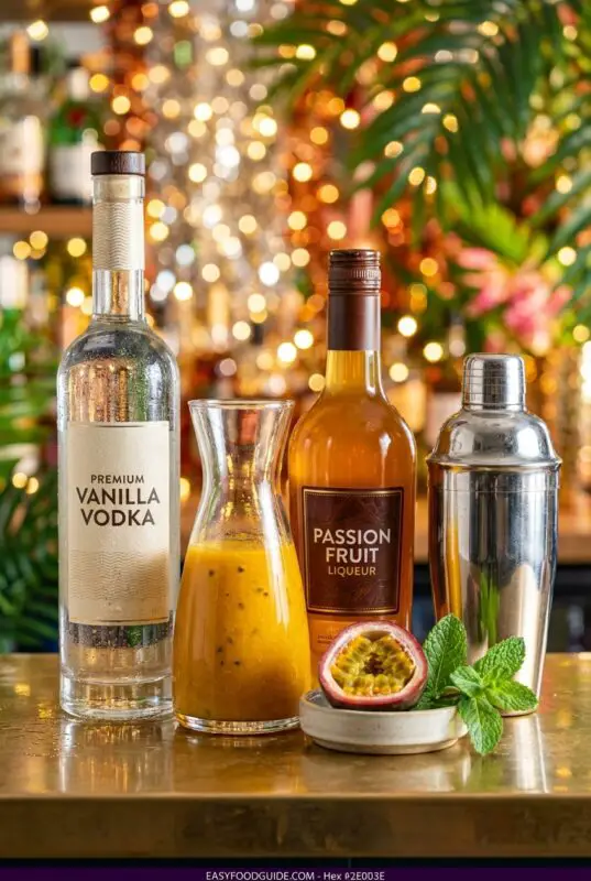 passionfruit-martini-4b Bottles of vanilla vodka and passion fruit liqueur stand on a bar with a cocktail shaker, carafe of juice, and halved passion fruit with mint. The scene is festive with bokeh lights and foliage.
