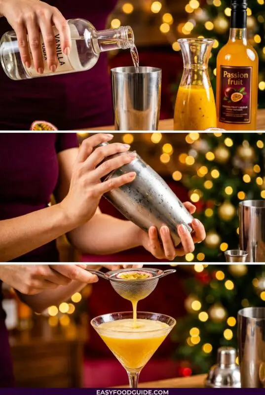 passionfruit-martini-4c A person prepares a cocktail with vanilla vodka and passion fruit liqueur, shakes it, and strains it into a martini glass. A festive background.
