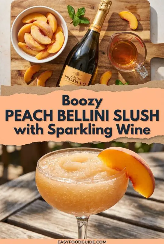 peach-bellini-slush-2-used Boozy peach Bellini slush featuring a frosty cocktail glass with peach garnish. Wooden board holds Prosecco bottle, peach slices, and mint leaves.