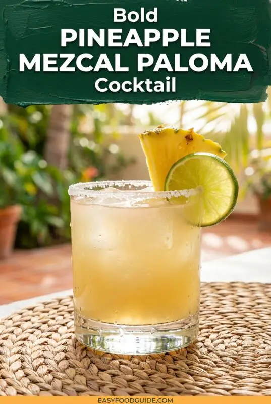 A refreshing Pineapple Mezcal Paloma cocktail in a salt-rimmed glass with pineapple and lime garnish, set in a sunny outdoor setting.