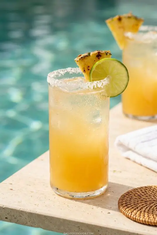 Tall glass filled with a yellow cocktail, garnished with pineapple and lime, rimmed with salt, placed beside a pool, evoking a refreshing summer vibe.