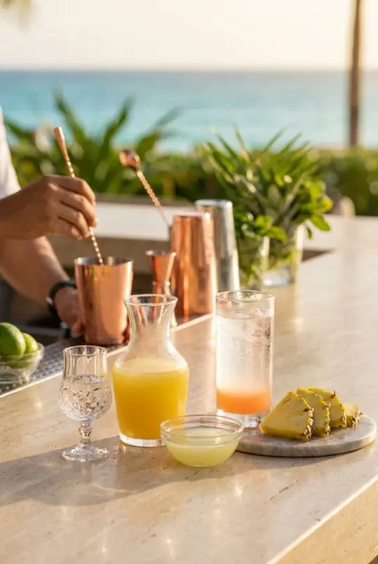 A sunny outdoor bar scene with a hand stirring a copper shaker. In the foreground, there are drinks, pineapple slices, and greenery. Beach view in the background.