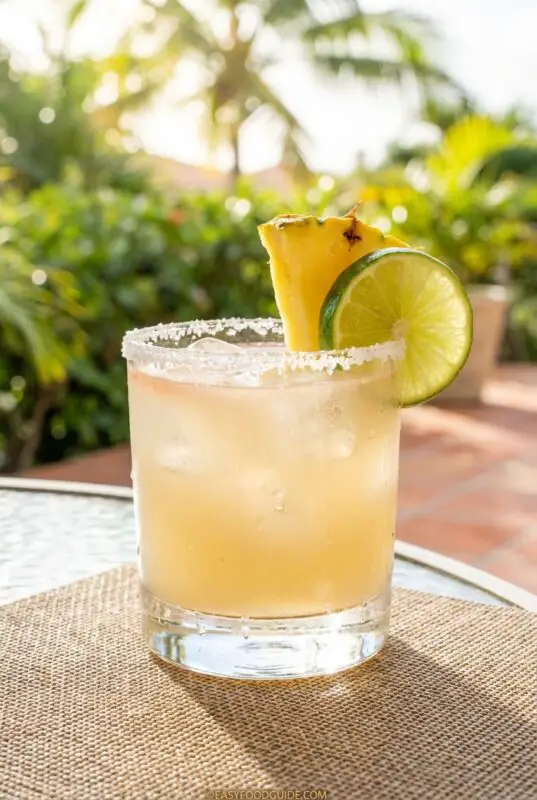 A refreshing cocktail garnished with a pineapple wedge and lime slice sits on a sunlit patio table, surrounded by lush greenery, evoking a tropical vibe.