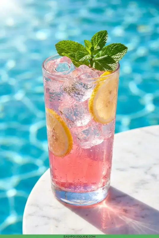 A tall glass of pink lemonade with ice, lemon slices, and mint is set on a marble table by a sparkling blue pool, conveying a refreshing summer vibe.