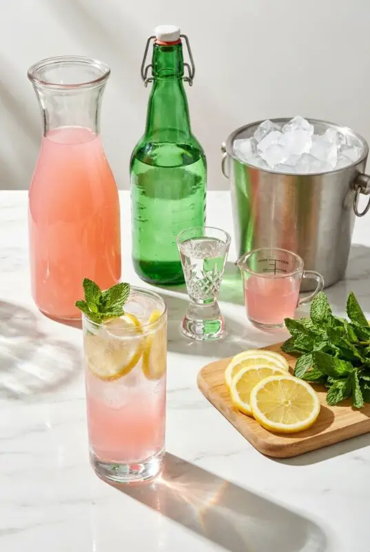 A refreshing pink lemonade setup on a marble surface. Includes a glass jar and bottle of lemonade, a mint-garnished glass, lemon slices, ice bucket, and fresh mint.