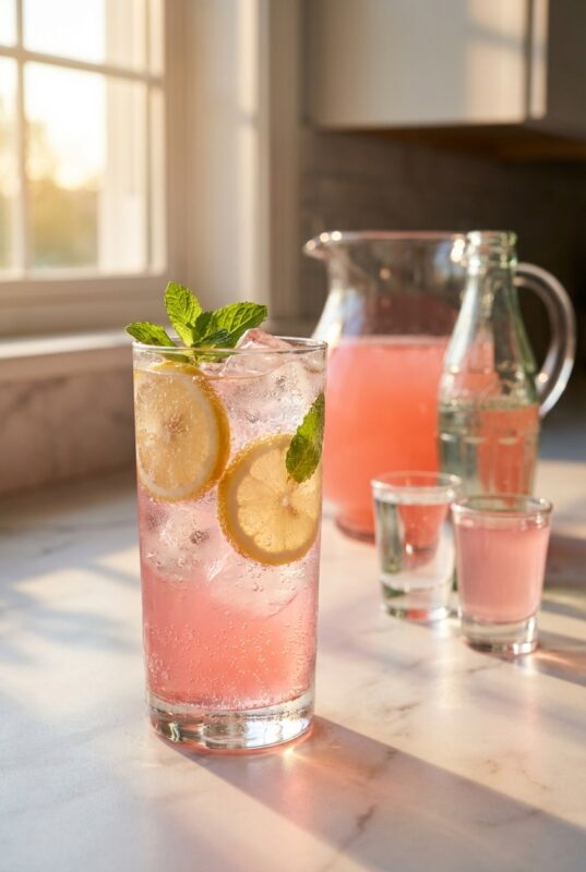 A refreshing pink lemonade in a tall glass with lemon slices and mint, surrounded by sunlight. A pitcher and two shot glasses are in the background.