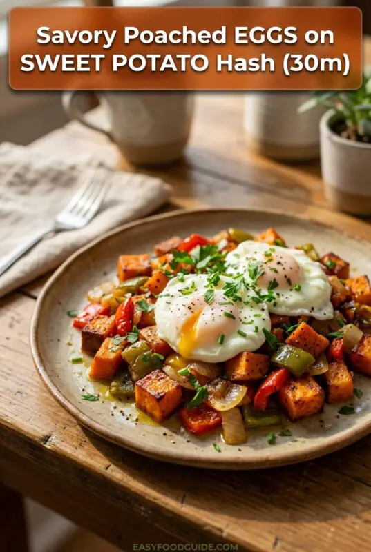 Poached eggs on sweet potato hash with peppers and onions, garnished with herbs on a rustic table.