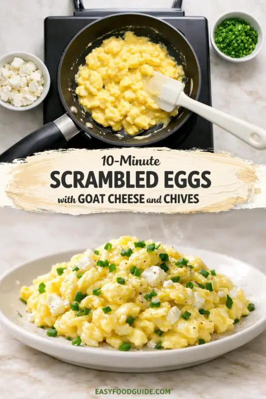 scrambled-eggs-goat-cheese-chives-2-used A skillet of creamy scrambled eggs cooking, accompanied by goat cheese and chives in bowls. Finished dish is garnished with chives on a plate.
