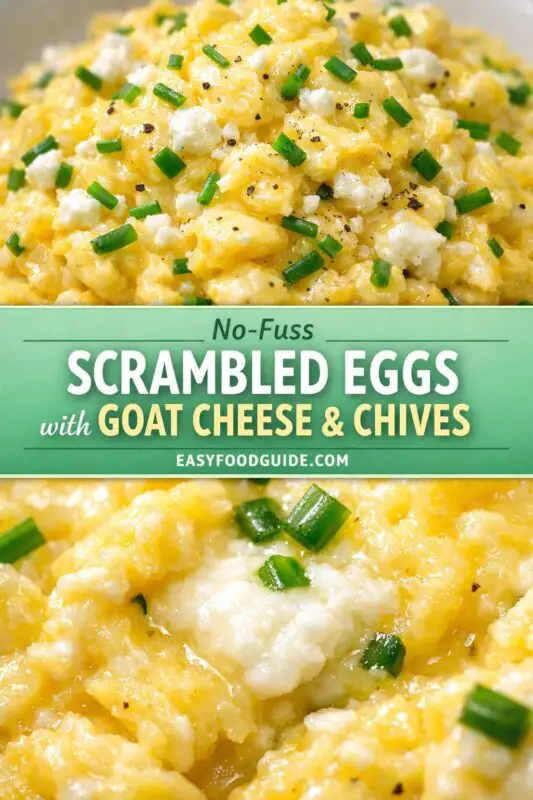 scrambled-eggs-goat-cheese-chives-4-used Close-up of creamy scrambled eggs with goat cheese and chives, seasoned with black pepper. Text overlay reads: "No-Fuss Scrambled Eggs with Goat Cheese & Chives."