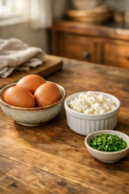 scrambled-eggs-goat-cheese-chives-4a A rustic kitchen scene with soft sunlight shows a wooden table holding three brown eggs in a bowl, a dish of crumbled cheese, and chopped chives.