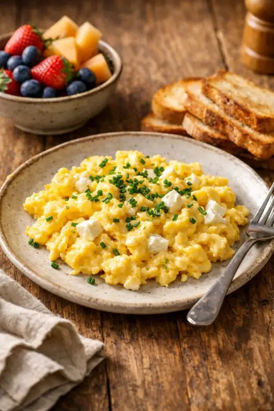 scrambled-eggs-goat-cheese-chives-4b Scrambled eggs garnished with chives and cheese on a plate with a fork. Fresh fruit bowl and toasted bread in the background, on a wooden table.