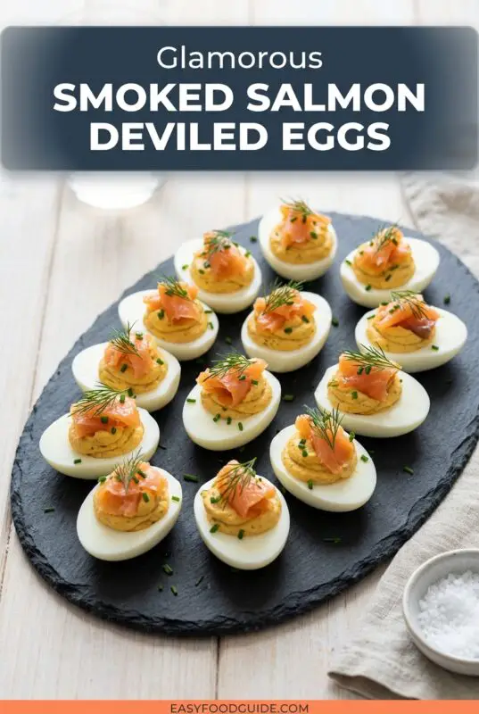 A platter of Smoked Salmon Deviled Eggs topped with salmon and dill, ideal for brunch.