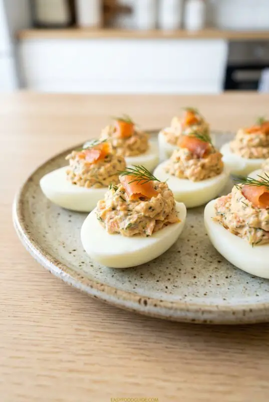 Close-up of elegant smoked salmon deviled eggs on a speckled plate, each topped with a delicate slice of smoked salmon and a sprig of fresh dill, set on a light wooden table.