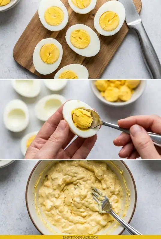 Three-step collage showing how to make deviled egg filling: slicing hard-boiled eggs in half, scooping the yolks into a bowl, and mashing the yolk mixture with a fork until creamy.