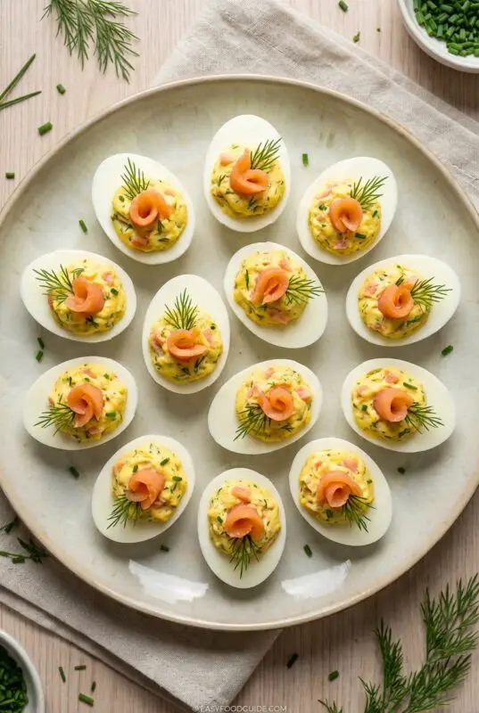 Top-down view of twelve smoked salmon deviled eggs arranged on a round ceramic platter, with fresh dill scattered around and a small bowl of chopped chives in the corner.