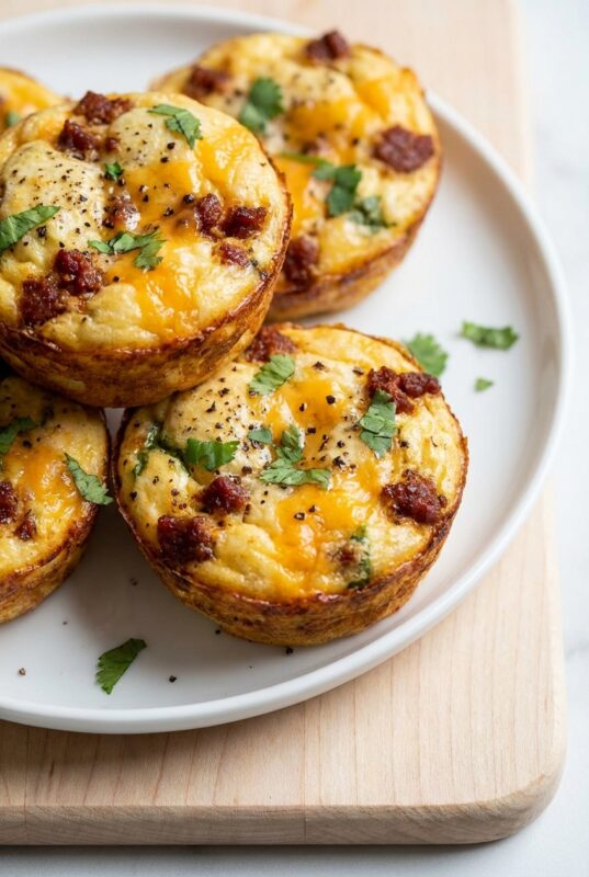 Close-up of baked spicy egg chorizo bites on a white plate, topped with melted cheddar cheese, chopped fresh cilantro, and black pepper.
