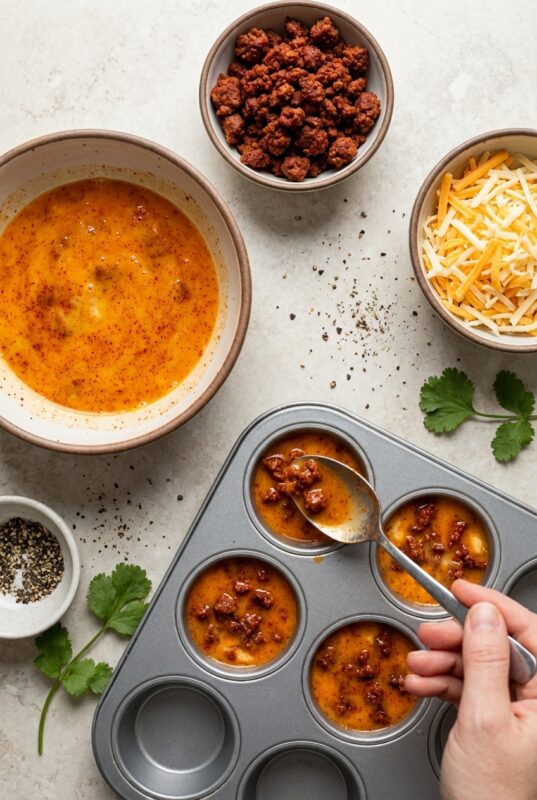 Hand using a spoon to add cooked chorizo into a muffin tin filled with egg mixture, with bowls of shredded cheese, beaten eggs, and seasonings nearby.