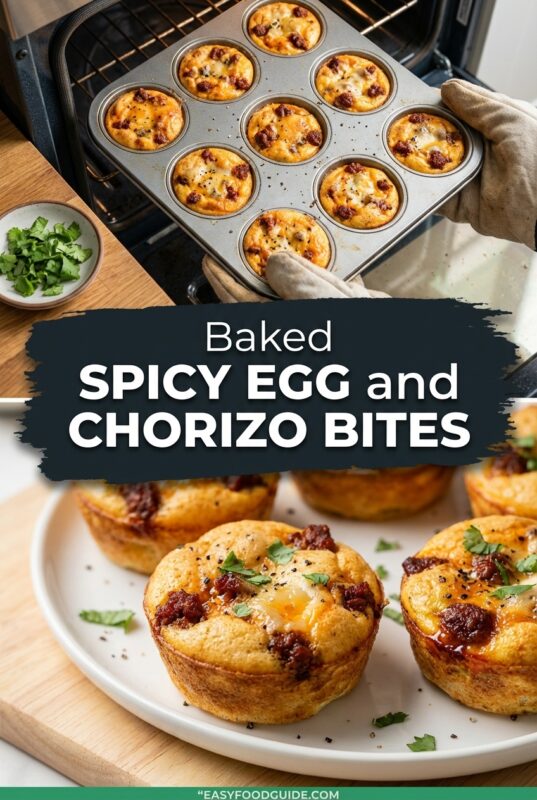 Collage of baked spicy egg and chorizo bites in a muffin tin being removed from the oven, above a close-up of the finished keto breakfast egg muffins on a white plate, with text overlay 'Baked Spicy Egg and Chorizo Bites'.