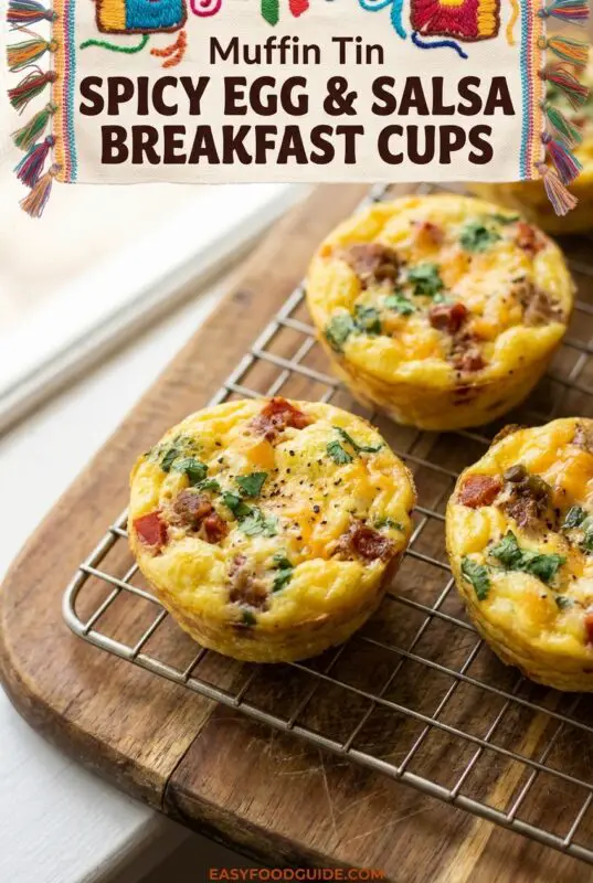 Baked egg cups with salsa and cheese in a muffin tin, served on a wooden table.