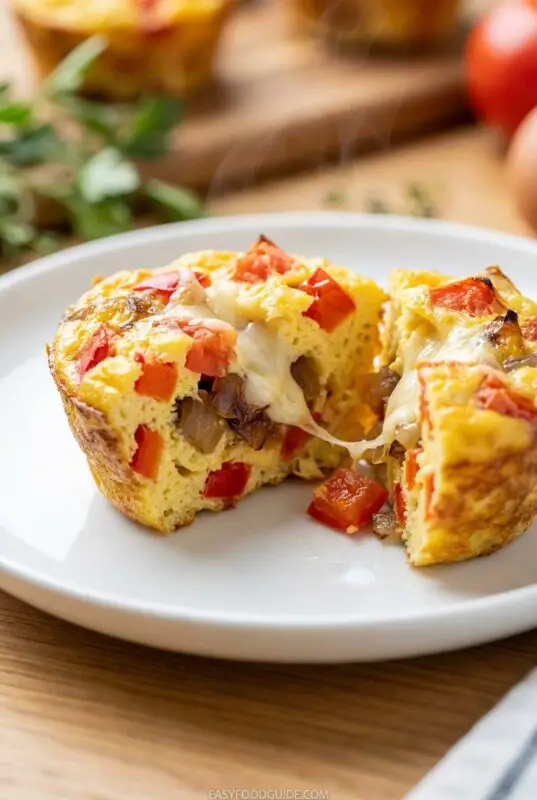 A savory muffin on a white plate, cut open to reveal melted cheese, red bell peppers, and onions, with steam rising, suggesting it's freshly baked.