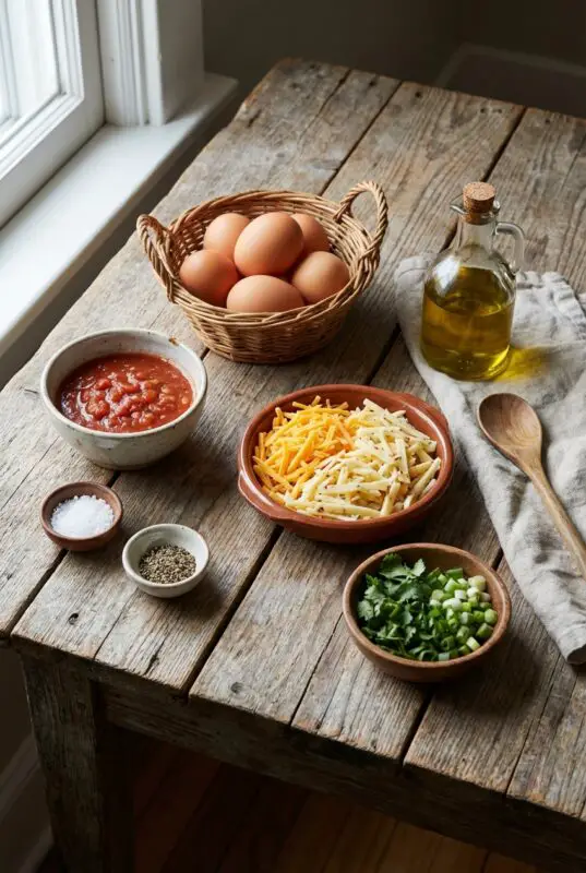 A rustic wooden table holds eggs in a basket, a jar of olive oil, a bowl of salsa, cheese, salt, pepper, and chopped herbs, evoking a cozy kitchen vibe.