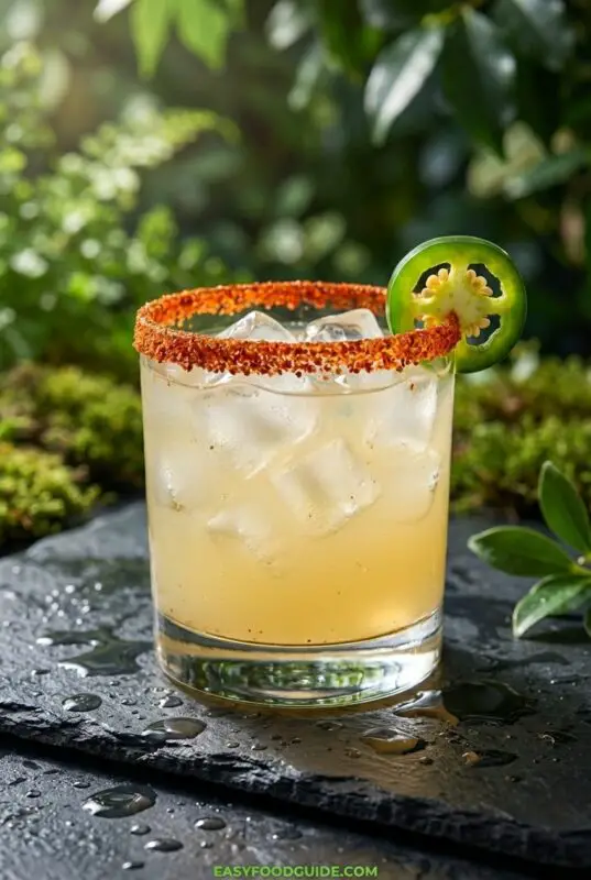 A refreshing cocktail in a glass with a chili rim and ice, garnished with a jalapeño slice. Set on wet slate, surrounded by lush greenery. Inviting and zesty ambiance.