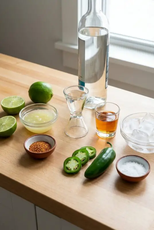 Ingredients for a cocktail on a wooden counter: lime, lime juice, chili powder, jalapeño, salt, tequila, a shot glass, and ice cubes by a window.