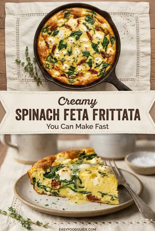 A slice of spinach and feta frittata on a wooden table, garnished with herbs and served with a side of mixed greens.