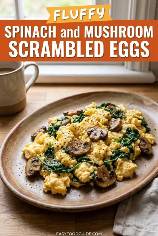 Fluffy scrambled eggs with spinach and mushrooms on a plate, garnished with herbs and served with toast.