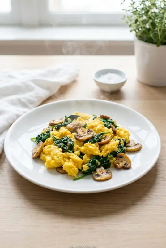 spinach--mushroom-scrambled-eggs-6a A white plate with scrambled eggs, sautéed mushrooms, and spinach sits on a wooden table. The setup includes a white napkin, a small bowl, and a potted plant, conveying a fresh, inviting breakfast scene.
