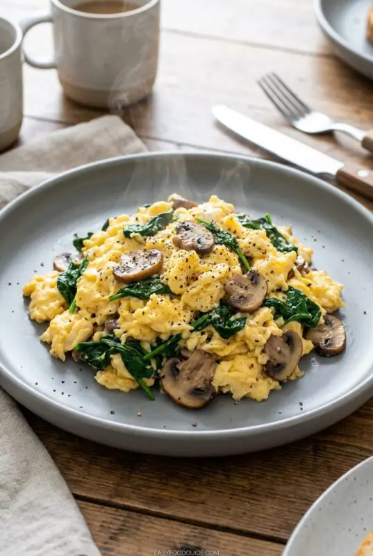 spinach--mushroom-scrambled-eggs-6c A steaming plate of scrambled eggs topped with sautéed mushrooms and spinach, seasoned with pepper, on a wooden table beside mugs and cutlery.