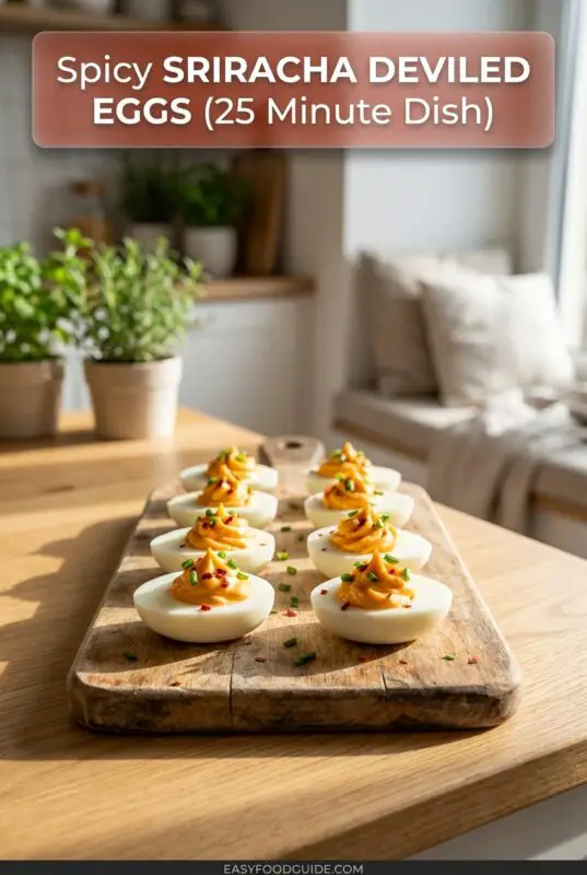 A platter of Spicy Sriracha Deviled Eggs garnished with chili flakes, on a rustic table.