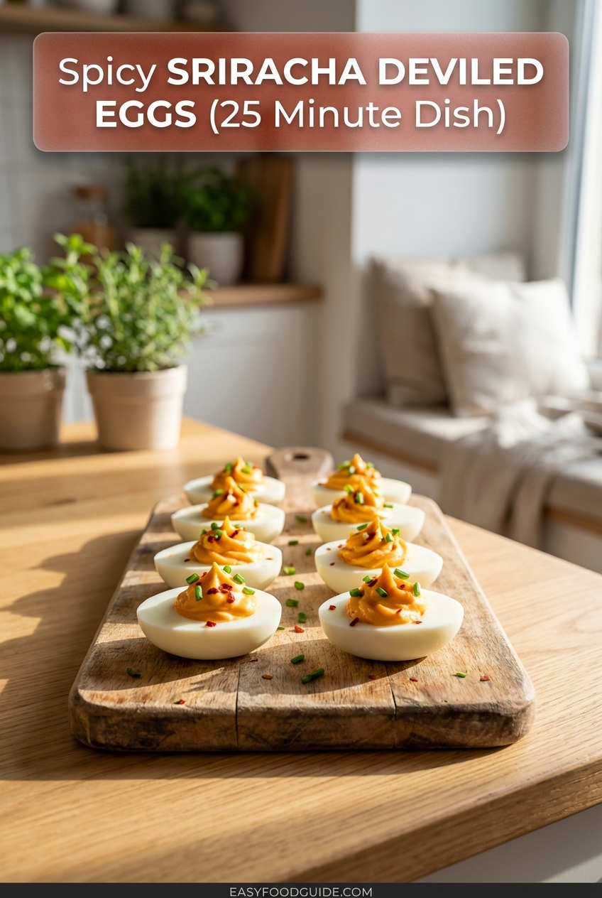 A platter of Spicy Sriracha Deviled Eggs garnished with chili flakes, on a rustic table.