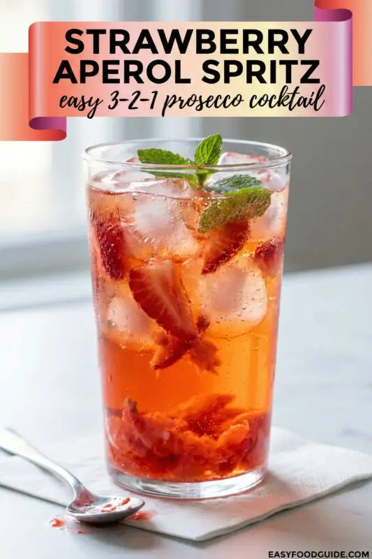 A refreshing Strawberry Aperol Spritz cocktail in a glass with ice and mint, surrounded by strawberries on a sunny patio.